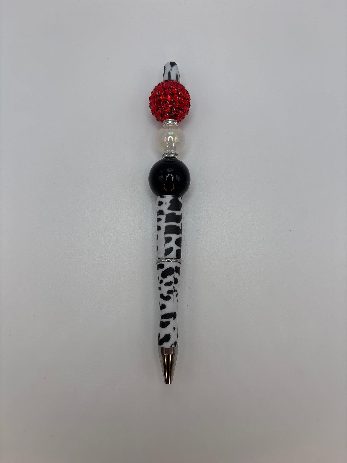 Cow Print Sparkle Beaded Pen with Red Rhinestone & Pearl Bead Pen – Cute Handmade Gift for Her