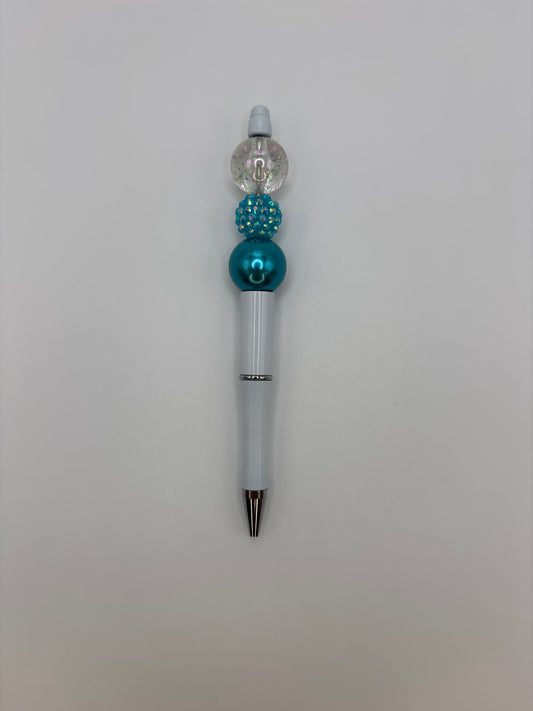 Teal Dream Beaded Pen – Teal Pearl & Sparkly Beads with White Barrel