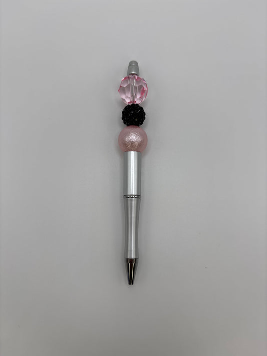 Pink Luxe Beaded Pen - Black & Pink Sparkle Pen - Silver Refillable Barrel Elegant Pen