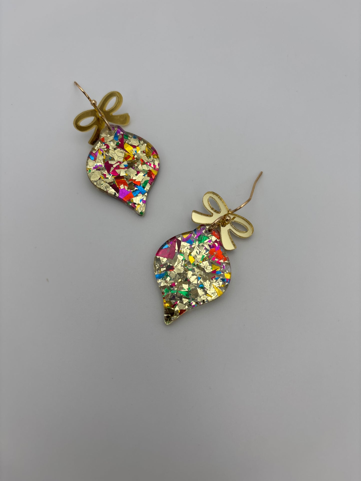 Gold Bow Christmas Ornament Earrings – Festive Glitter Dangle Earrings - Beads & Glimmer