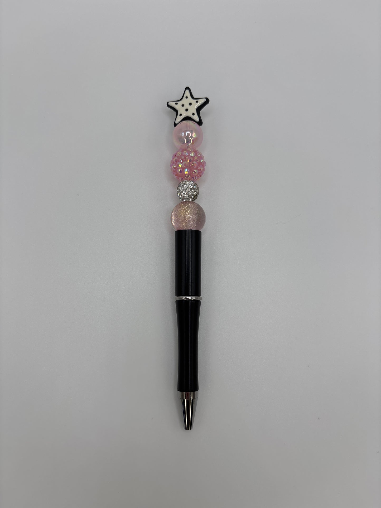 White Star Topper Beaded Pen – Pink Sparkly Beads with a Black Refillable Barrel
