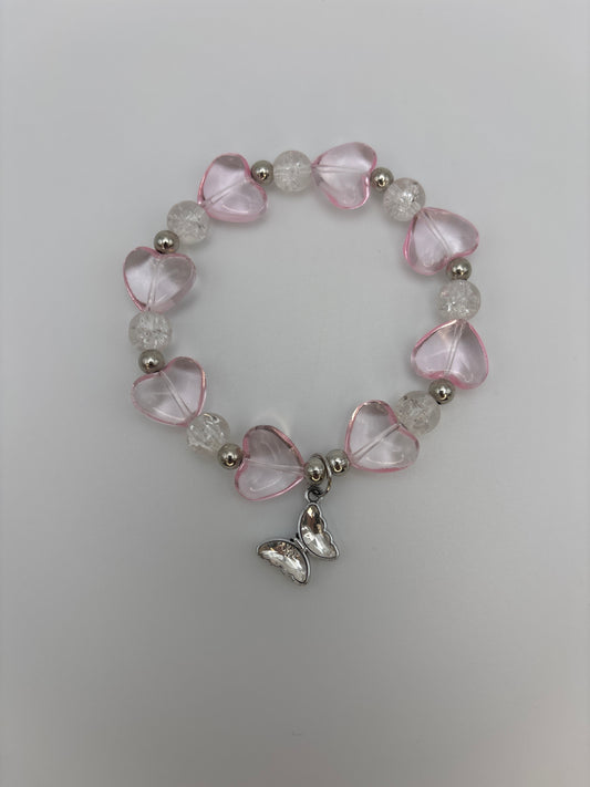 Pink Heart Glass Bead Bracelet with Crackle Beads & Butterfly Charm