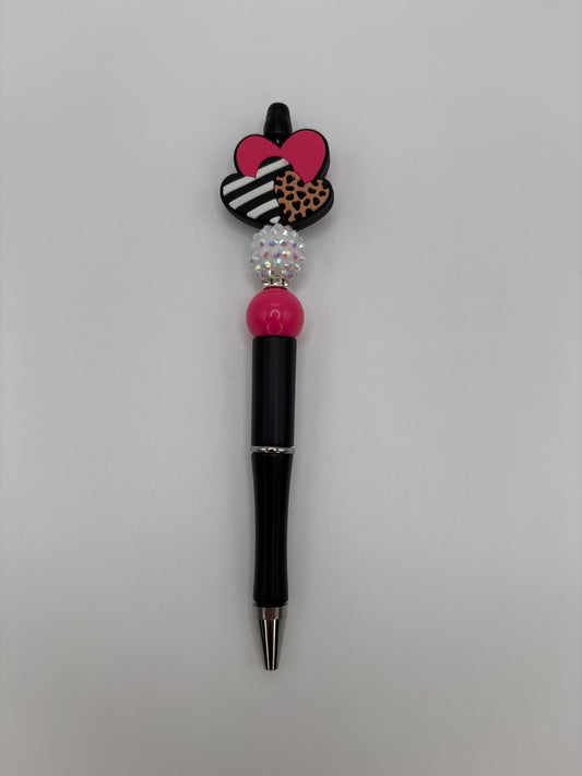 Pink Animal Print Heart Focal Beaded Pen - Hot Pink & White Sparkle Beads - Refillable Black Barrel Pen