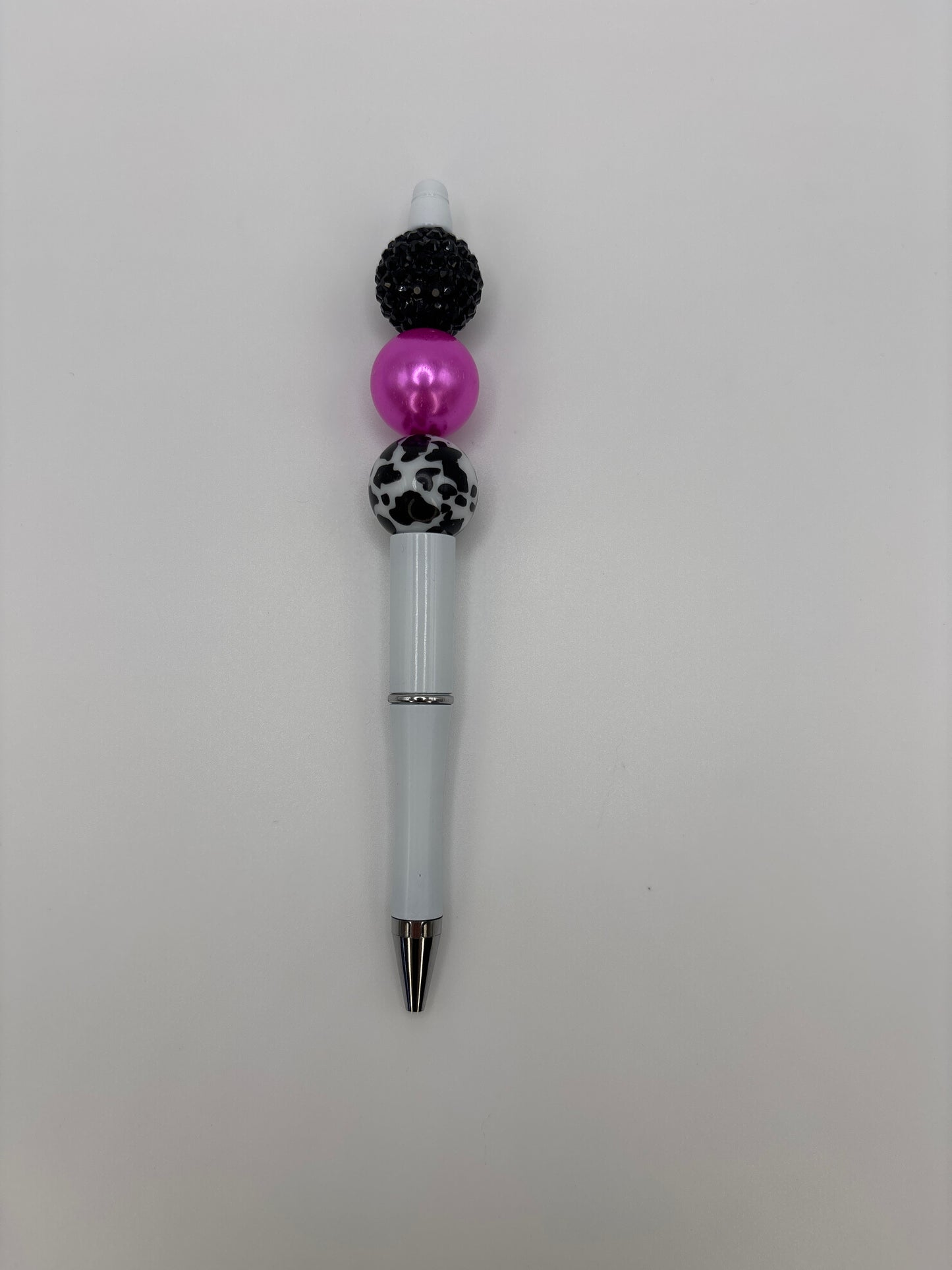 Cow Print & Fuchsia with Black Sparkly Beaded Pen- Refillable White Barrel