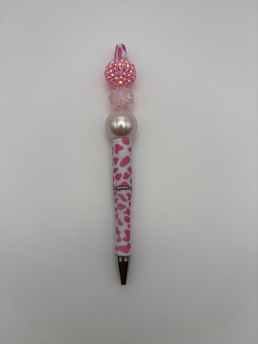 Pink Cow Print Glam Pen – Rhinestone, Crackle Glass & Pearl Beads