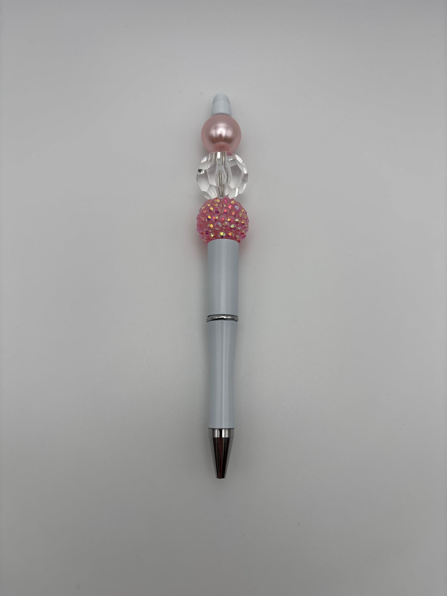 Blush Glow Pen with Pink Rhinestone, Clear Faceted & Pink Pearl Bead Pen with White Barrel