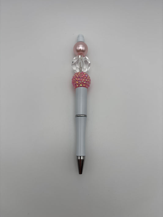 Blush Glow Pen with Pink Rhinestone, Clear Faceted & Pink Pearl Bead Pen with White Barrel