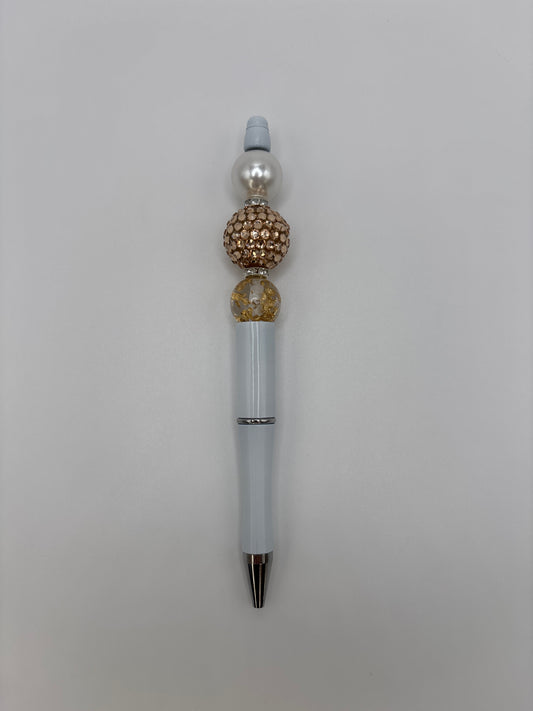 Gold Glam Beaded Pen - Pearl & Rhinestone with Gold Foil Bead - Refillable White Barrel Pen