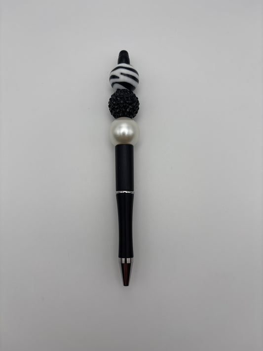 Zebra Luxe Beaded Pen – Black & White Sparkle Pen with Pearl Accent
