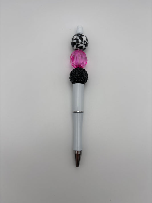 Cow Print & Fuchsia Sparkle Pen – Black Rhinestone, Hot Pink Faceted Crystal - White Barrel Pen