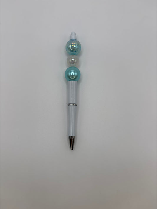 Mermaid Glow Beaded Pen – Iridescent Teal & Sparkly Beads - Coastal Chic Writing Pen with White Barrel