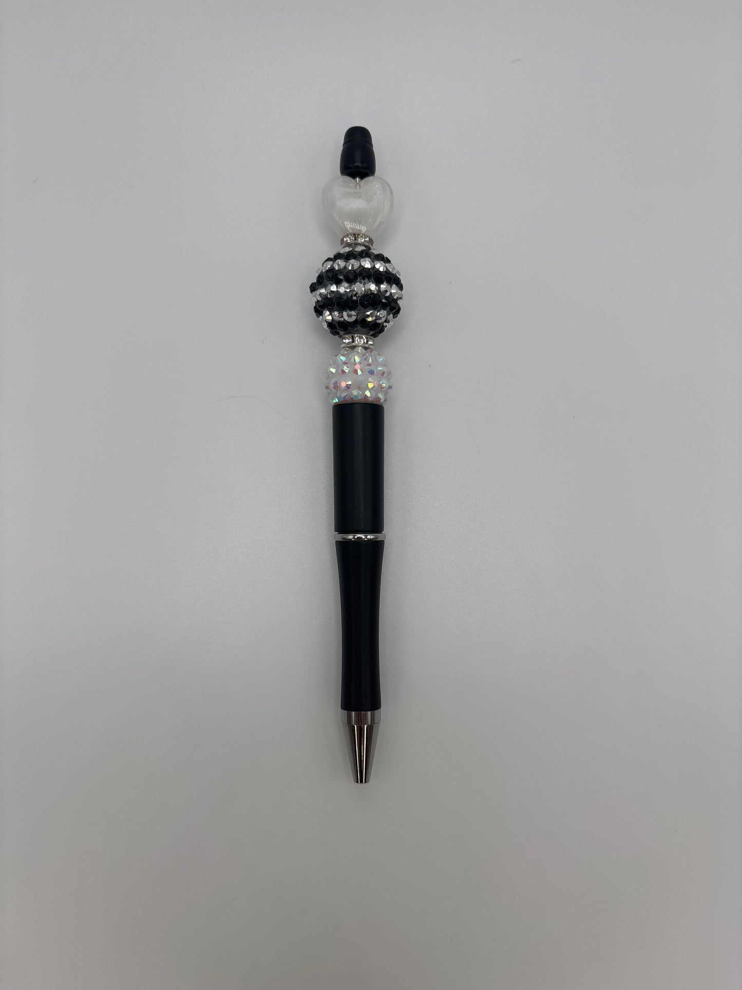 Heart & Glam Beaded Black Barrel Pen – Black, White & Iridescent Beads - Elegant Sparkle Writing Pen