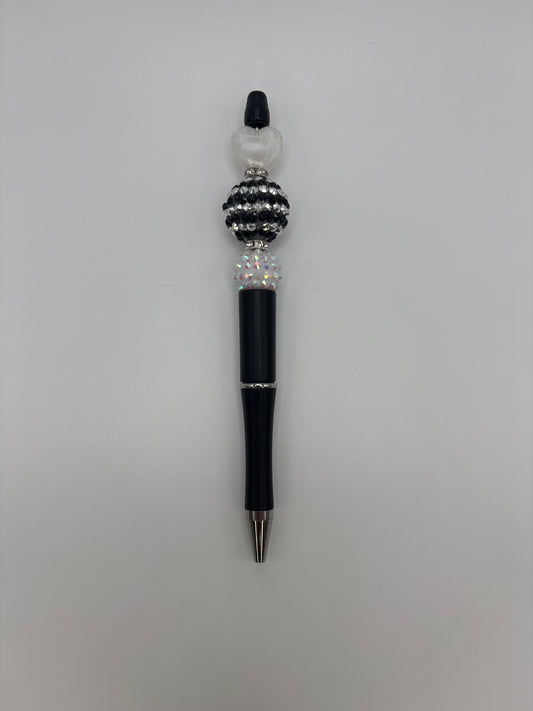 Heart & Glam Beaded Black Barrel Pen – Black, White & Iridescent Beads - Elegant Sparkle Writing Pen