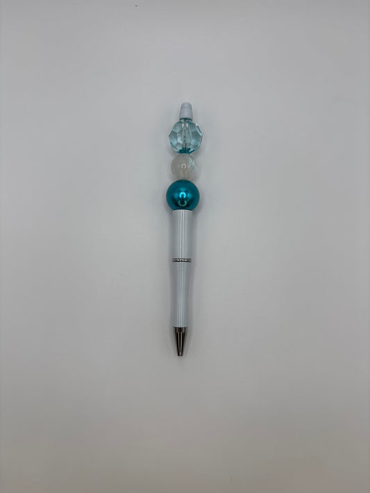 Ocean Breeze Beaded Pen – Teal & White Sparkle Beads with White Barrel