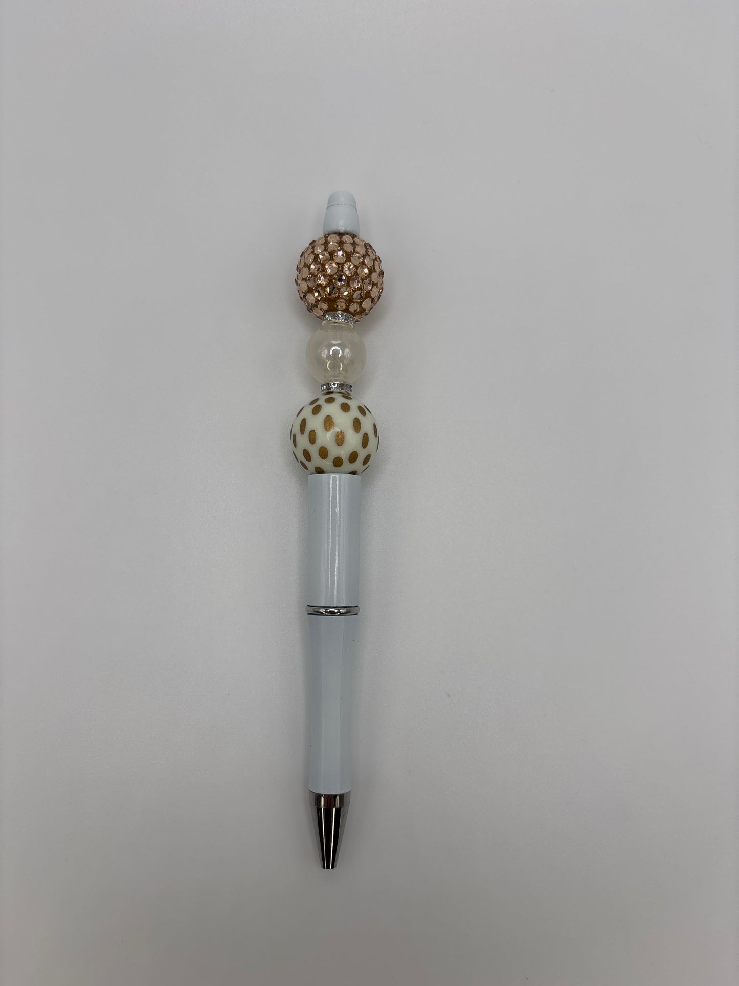 Champagne Dot Sparkle Beaded Pen - Gold Rhinestone & Polka Dot Beads - Refillable White Barrel Pen