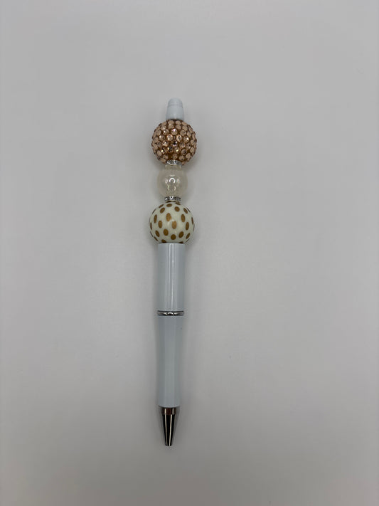 Champagne Dot Sparkle Beaded Pen - Gold Rhinestone & Polka Dot Beads - Refillable White Barrel Pen