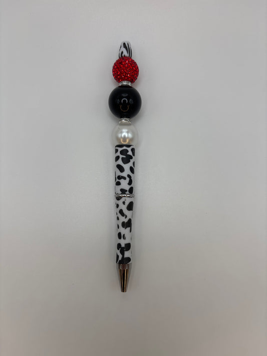 Cow Print Glam Beaded Pen with Red Sparkle, Pearl & Black Bead Pen – Handmade Gift for Her