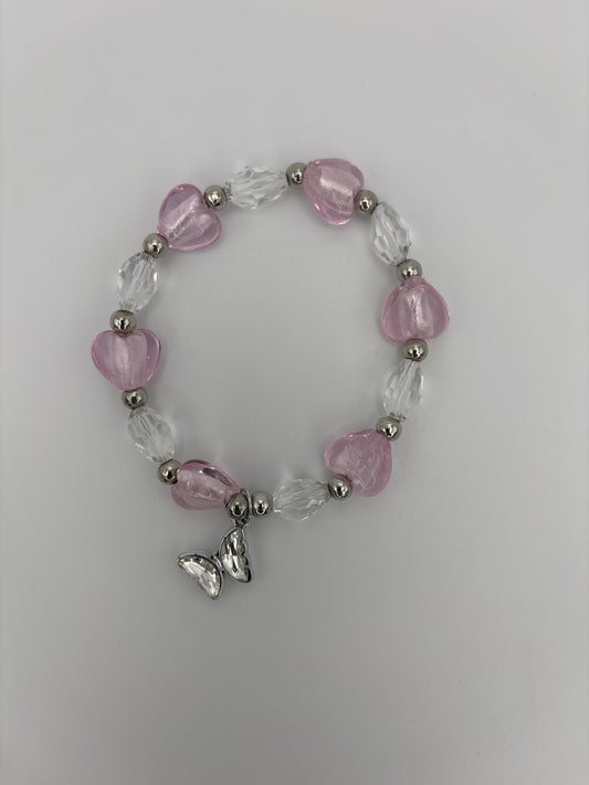 Light Pink Heart Glass Bead Bracelet with Clear Faceted Beads & Butterfly Charm