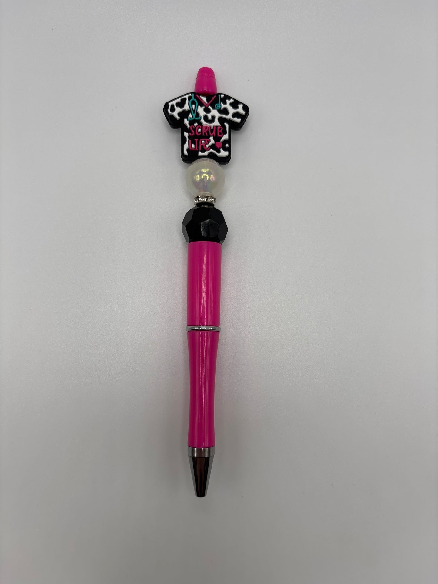 Scrub Life Beaded Pen 🩺💖 Hot Pink & Iridescent Pearl Bead Pen – Handmade Gift for Nurses, CNAs & Healthcare Workers