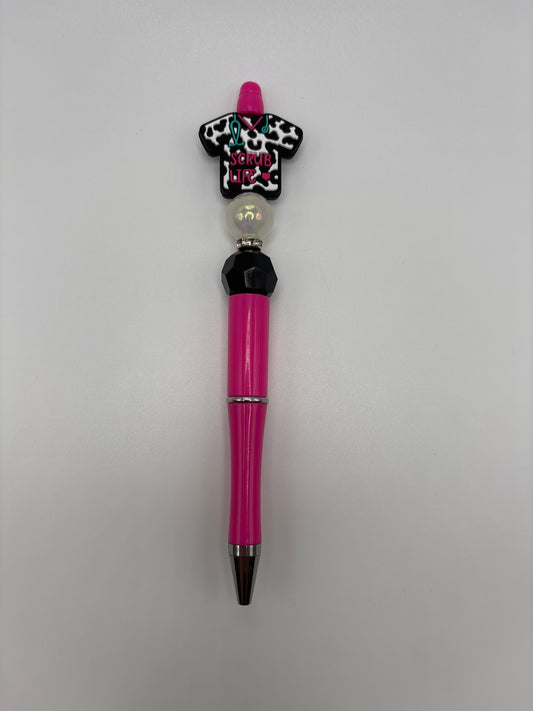 Scrub Life Beaded Pen 🩺💖 Hot Pink & Iridescent Pearl Bead Pen – Handmade Gift for Nurses, CNAs & Healthcare Workers