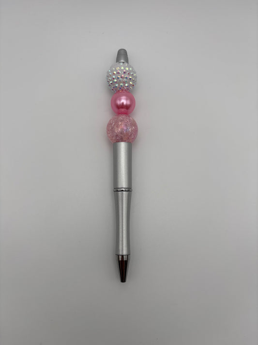 Pink Frost Glam Pen – Iridescent Rhinestone, Hot Pink Pearl & Cracked Glass Beads on Silver Barrel