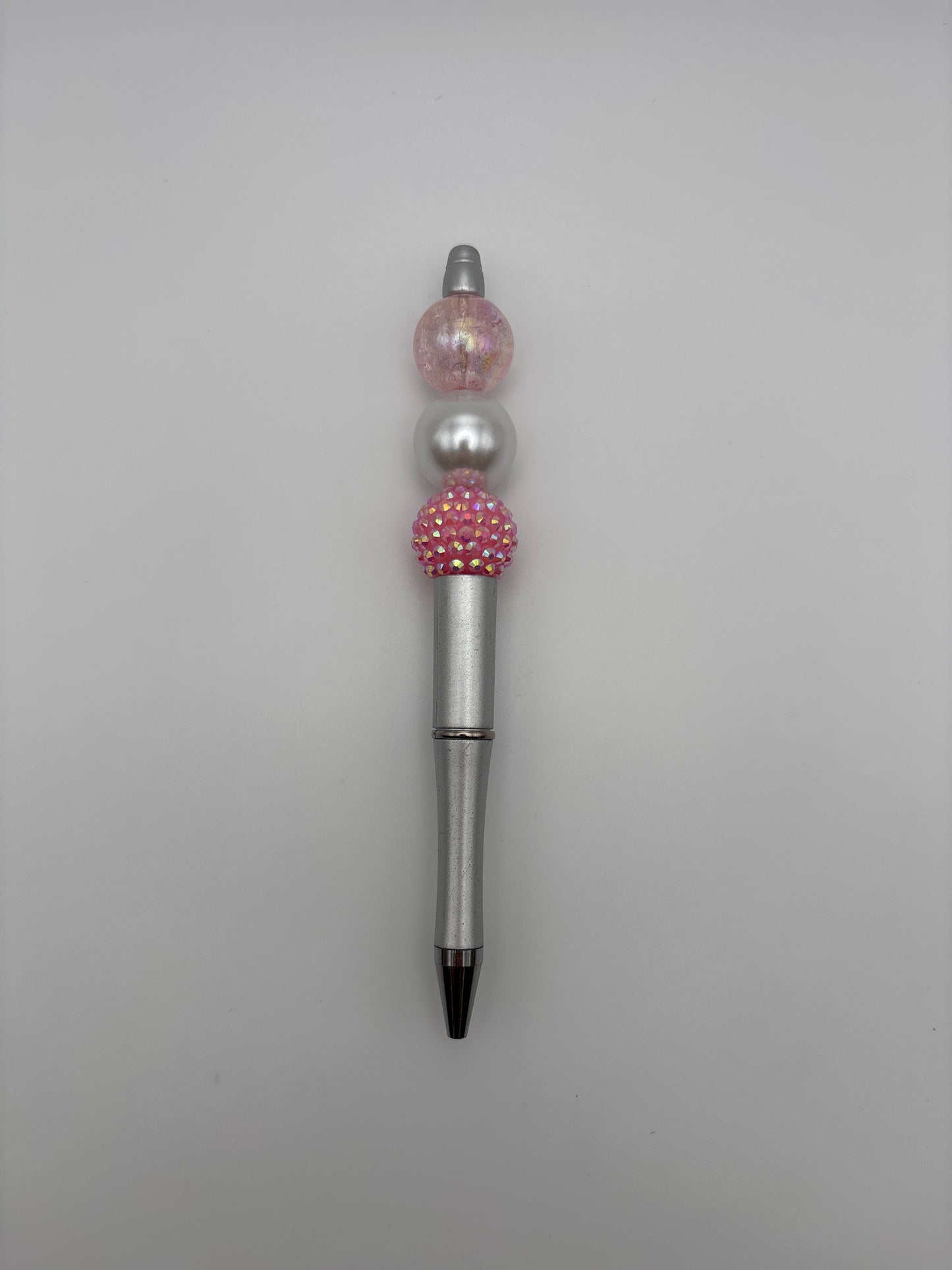 Pink Crystal Dream Pen – Crackled Glass, Silver Pearl & Sparkle Rhinestone Beads on Silver Barrel