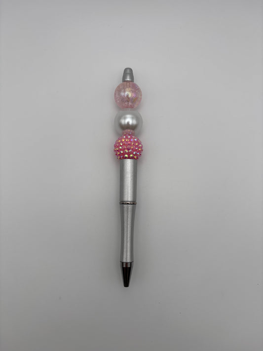 Pink Crystal Dream Pen – Crackled Glass, Silver Pearl & Sparkle Rhinestone Beads on Silver Barrel