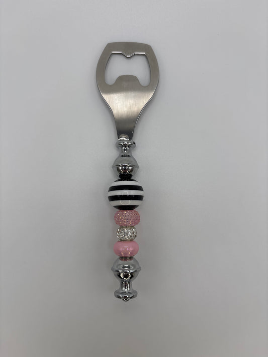 Black & Pink Striped Beaded Bottle Opener - Chic Handcrafted Bar Accessory with Rhinestone Accent - Stylish Gift