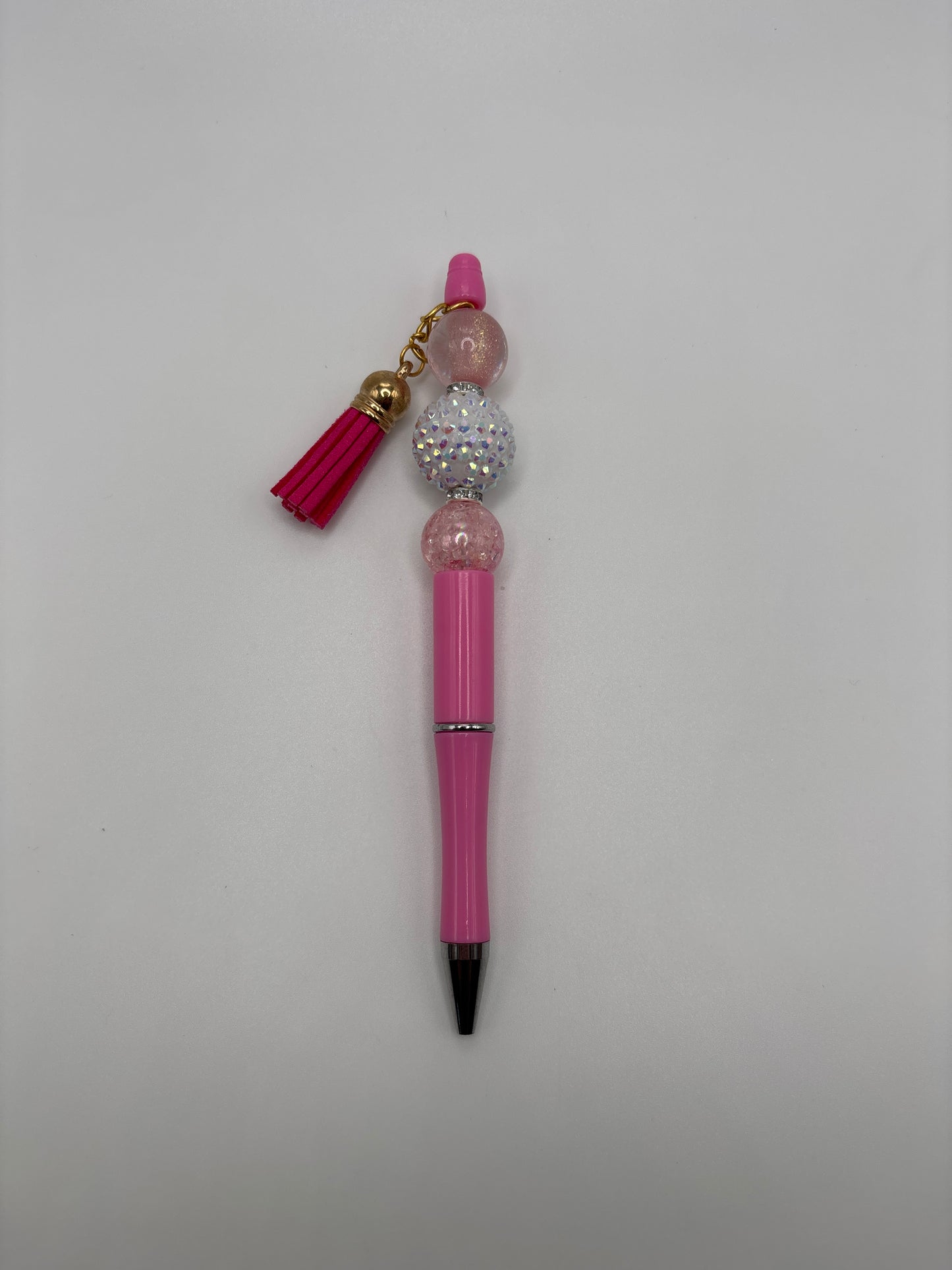 Breast Cancer Awareness Beaded Pen – Pink Glitter & Iridescent Beads with Tassel - Handmade Sparkle Pen by Beads & Glimmer