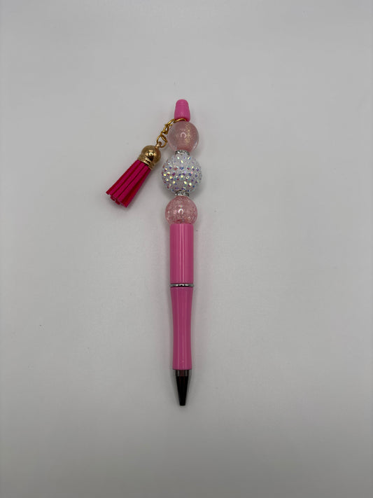 Breast Cancer Awareness Beaded Pen – Pink Glitter & Iridescent Beads with Tassel - Handmade Sparkle Pen by Beads & Glimmer