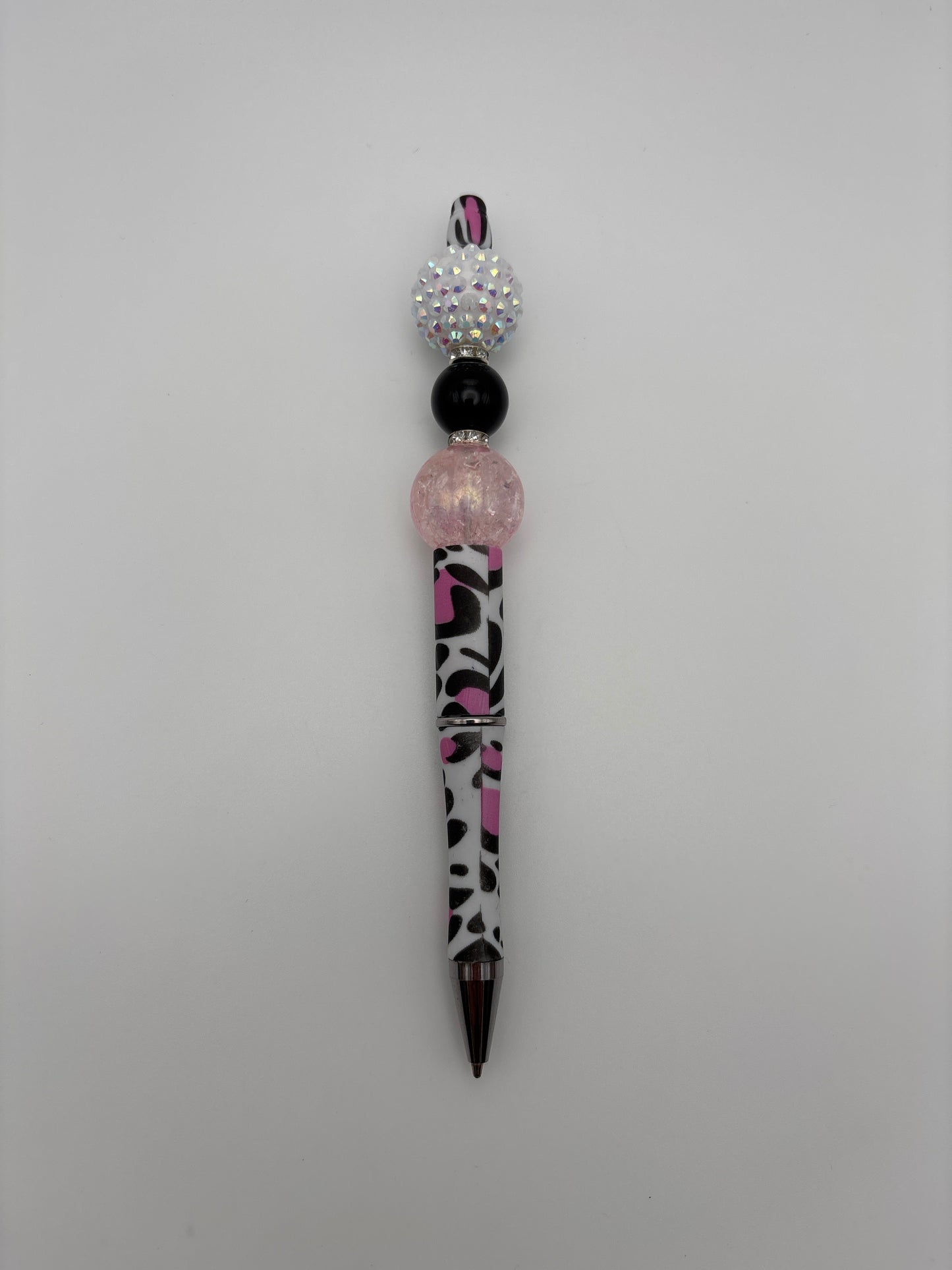 Pink & Black Cow Print Glam Pen – Rhinestone, Glossy Black, and Iridescent Crackle Beads