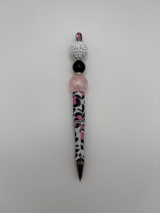 Pink & Black Cow Print Glam Pen – Rhinestone, Glossy Black, and Iridescent Crackle Beads