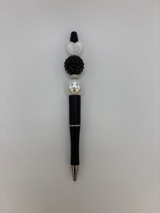 Black & White Pearl Heart Beaded Pen – Sparkle Rhinestone Accent - Elegant Gift for Her