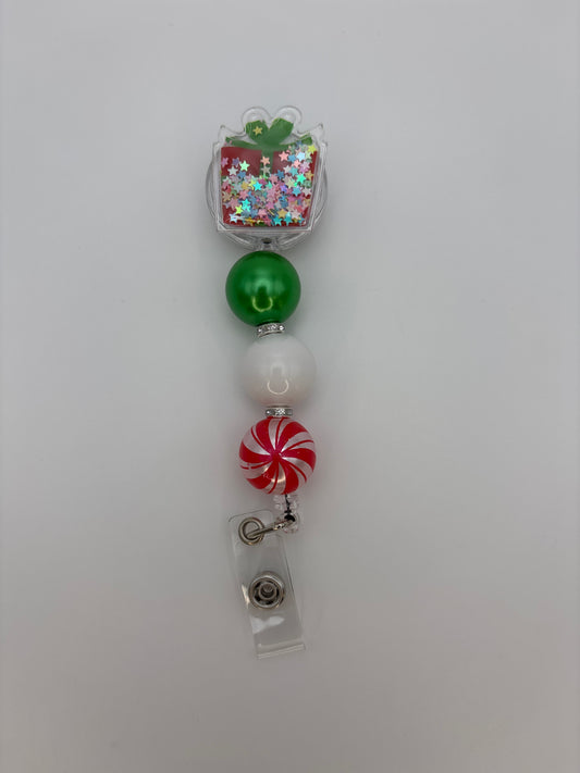 Christmas Box Gift Sparkly Shaker Badge Reel - Holiday Plastic Shaker ID Badge Holder – Beads & Glimmer