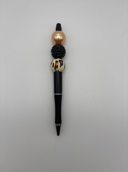 Leopard Gold Glam Beaded Pen - Black Rhinestone & Animal Print Beads - Refillable Black Barrel Pen