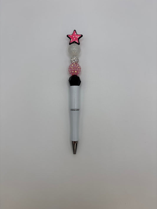 Pink Star Topper Beaded Pen with Glitter and Black Beads with White Barrel