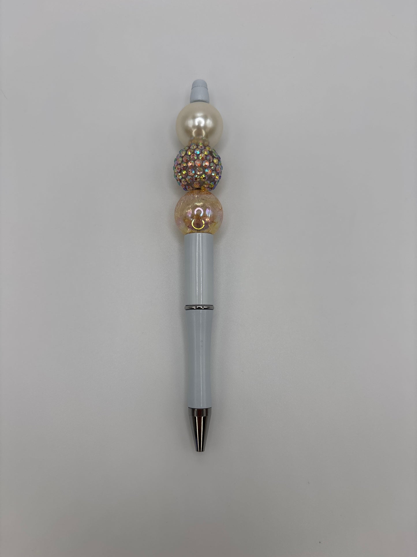 Champagne Pearl Glam Beaded Pen - Gold & Iridescent Sparkle Beads - Refillable White Barrel Pen
