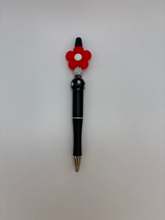 Red Daisy Flower Beaded Pen – Black Barrel, Rhinestone Accent & Polka Dot Beads - Handmade Sparkle Pen