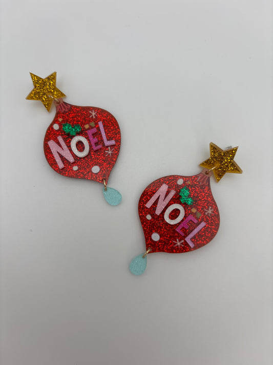 Noel Christmas Ornament Earrings – Red Glitter Holiday Earrings with Gold Star - Beads & Glimmer