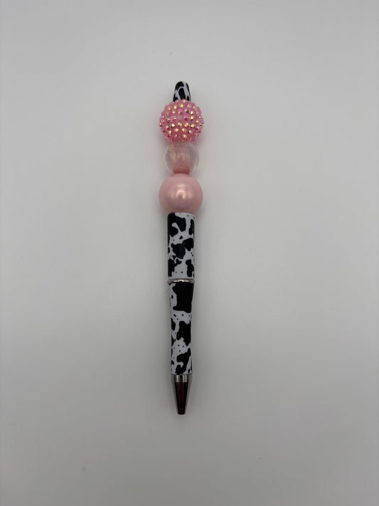 Cow Print Sparkle Pen – Pink Rhinestone, Shimmer Beads & Glossy Barrel