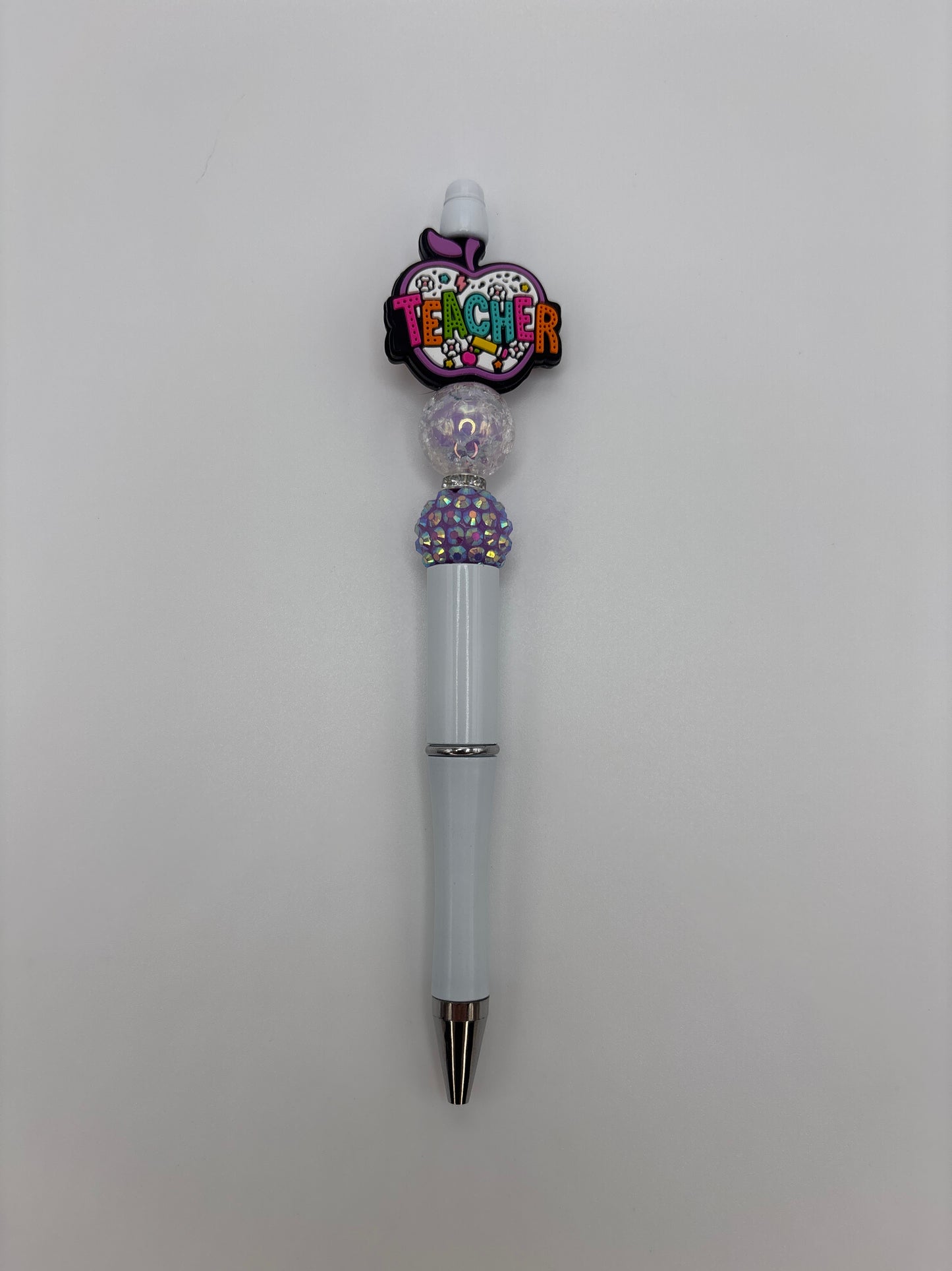 Teacher Apple Beaded Pen with Purple Sparkle Beads - Refillable White Barrel Pen for Teachers
