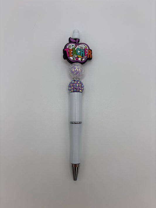 Teacher Apple Beaded Pen with Purple Sparkle Beads - Refillable White Barrel Pen for Teachers