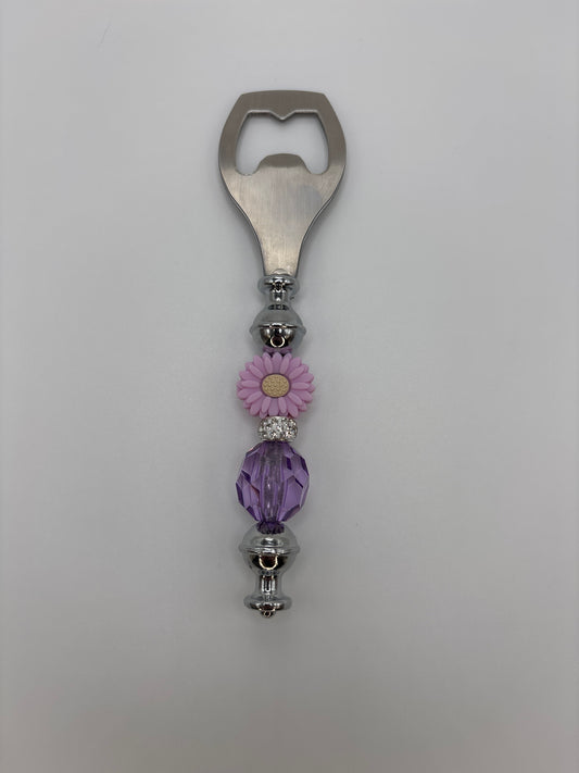 Purple Daisy Flower Beaded Bottle Opener with Sparkle Bead - Handmade Gift