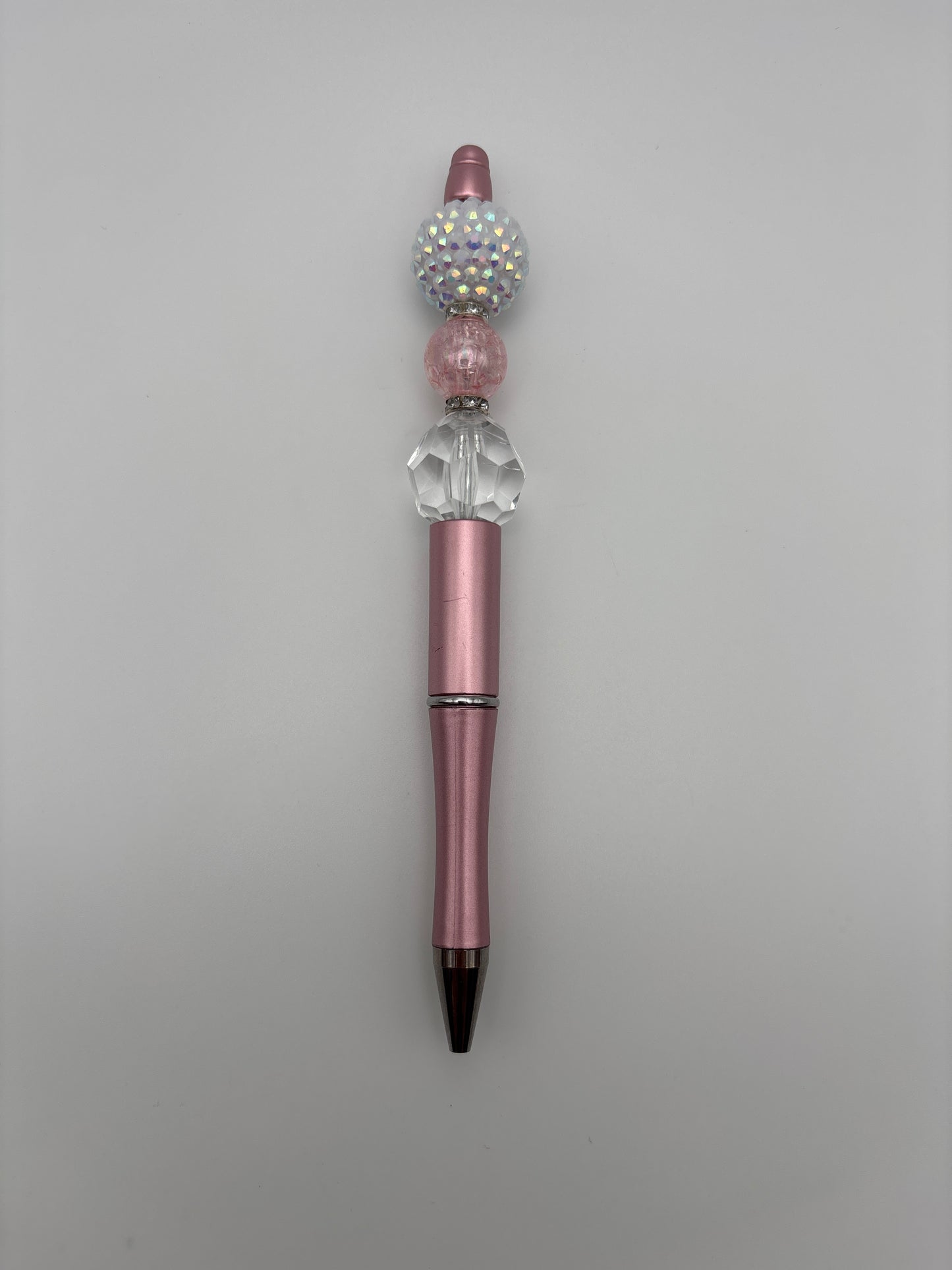 Rose Quartz Glow Pen – Iridescent Rhinestone, Pink Cracked Glass & Clear Crystal Beads on Rose Blush Barrel