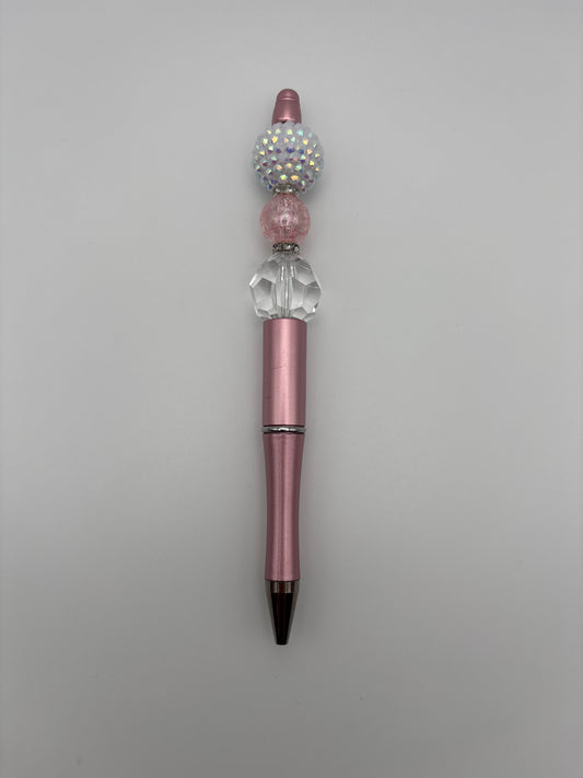 Rose Quartz Glow Pen – Iridescent Rhinestone, Pink Cracked Glass & Clear Crystal Beads on Rose Blush Barrel