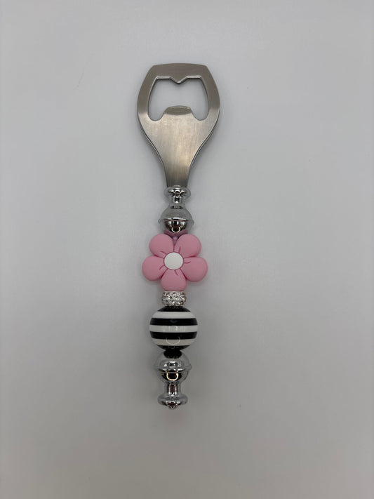 Pink Flower Stripe Bead Bottle Opener – Handmade Cute Bar Accessory
