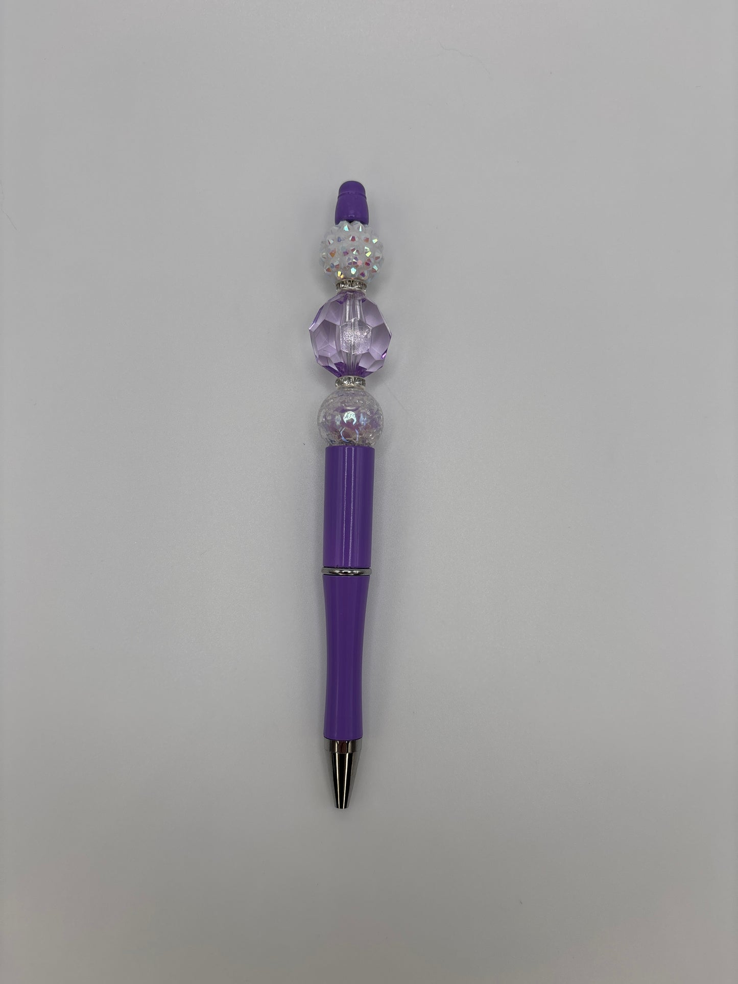 Elegant Lavender Beaded Pen - White Sparkly & Iridescent Beads - Purple Refillable Barrel Pen