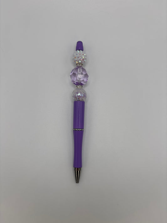 Elegant Lavender Beaded Pen - White Sparkly & Iridescent Beads - Purple Refillable Barrel Pen