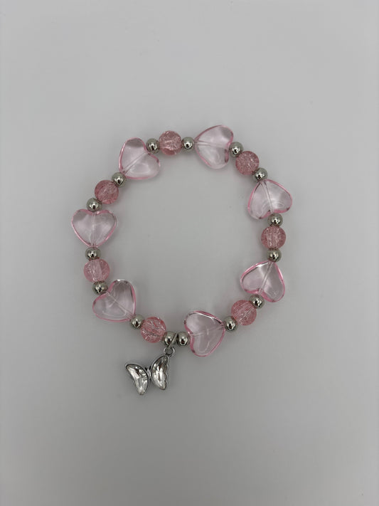 Pink Heart Glass Bead Bracelet with Pink Crackle Beads & Butterfly Charm