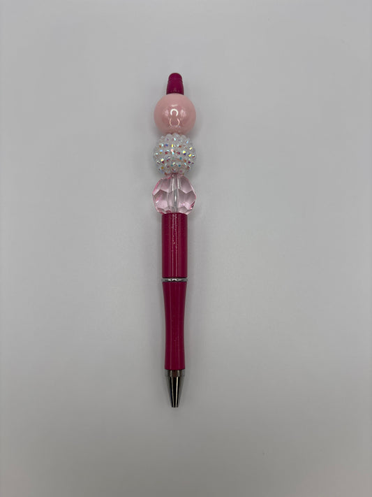 Pink Beaded Pen - Sparkle Crystal & Pearl Beads - Refillable Hot Pink Barrel Pen
